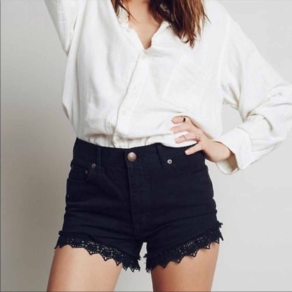Free People Black Denim Jean Shorts Lace Trim Summer